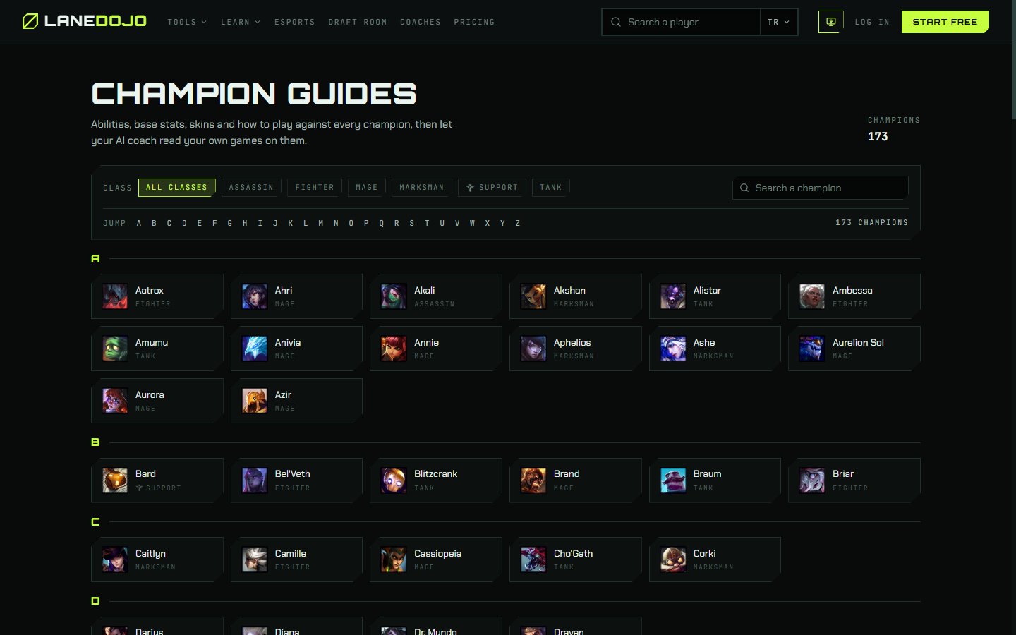 LaneDojo champion guides grid