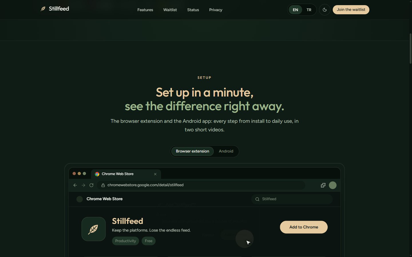 Stillfeed setup walkthrough in the Chrome Web Store